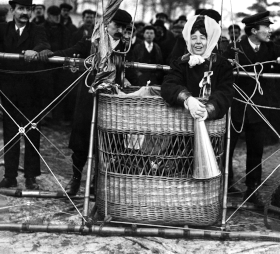 Australian-born suffragette Muriel Matters prepares to take off in a dirigible air balloon from Hendon airfields, London, 16 February 1909